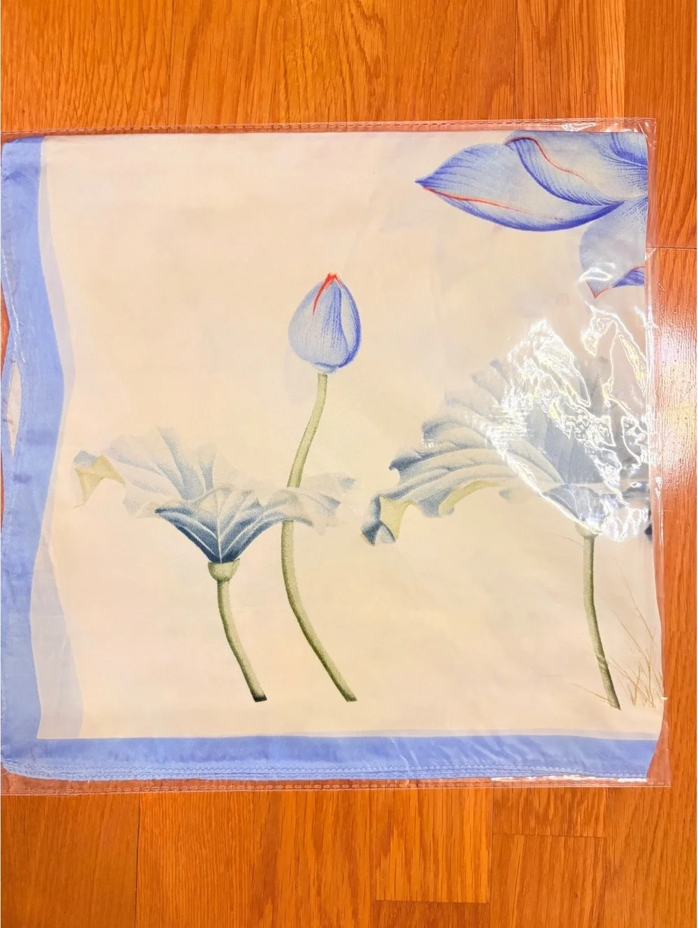 Elegant Blue and White Scarf with Lotus Flower Design, Lightweight